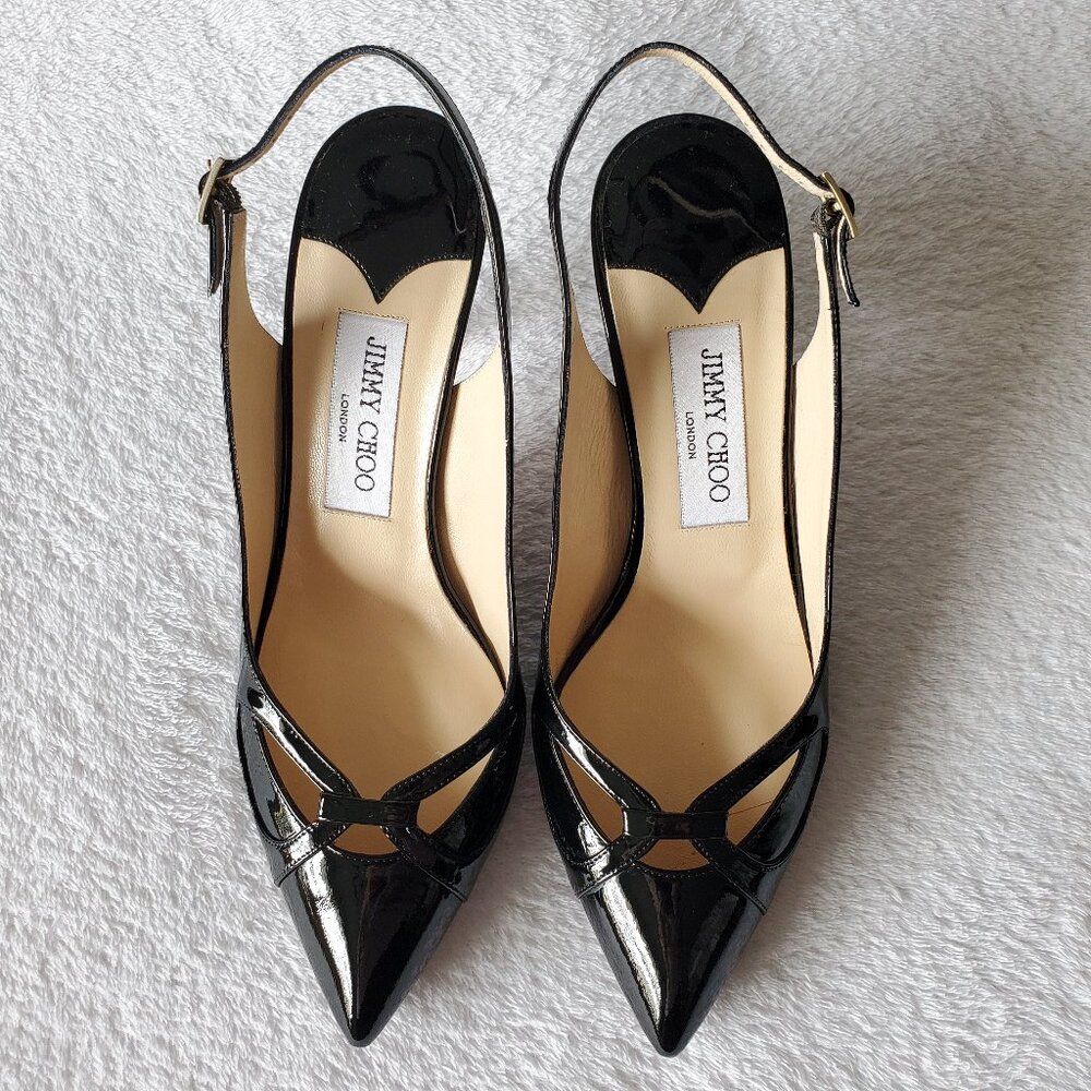 NEW Jimmy Choo Pointed Toe Cutout Slingbacks - Black Patent, Size 37